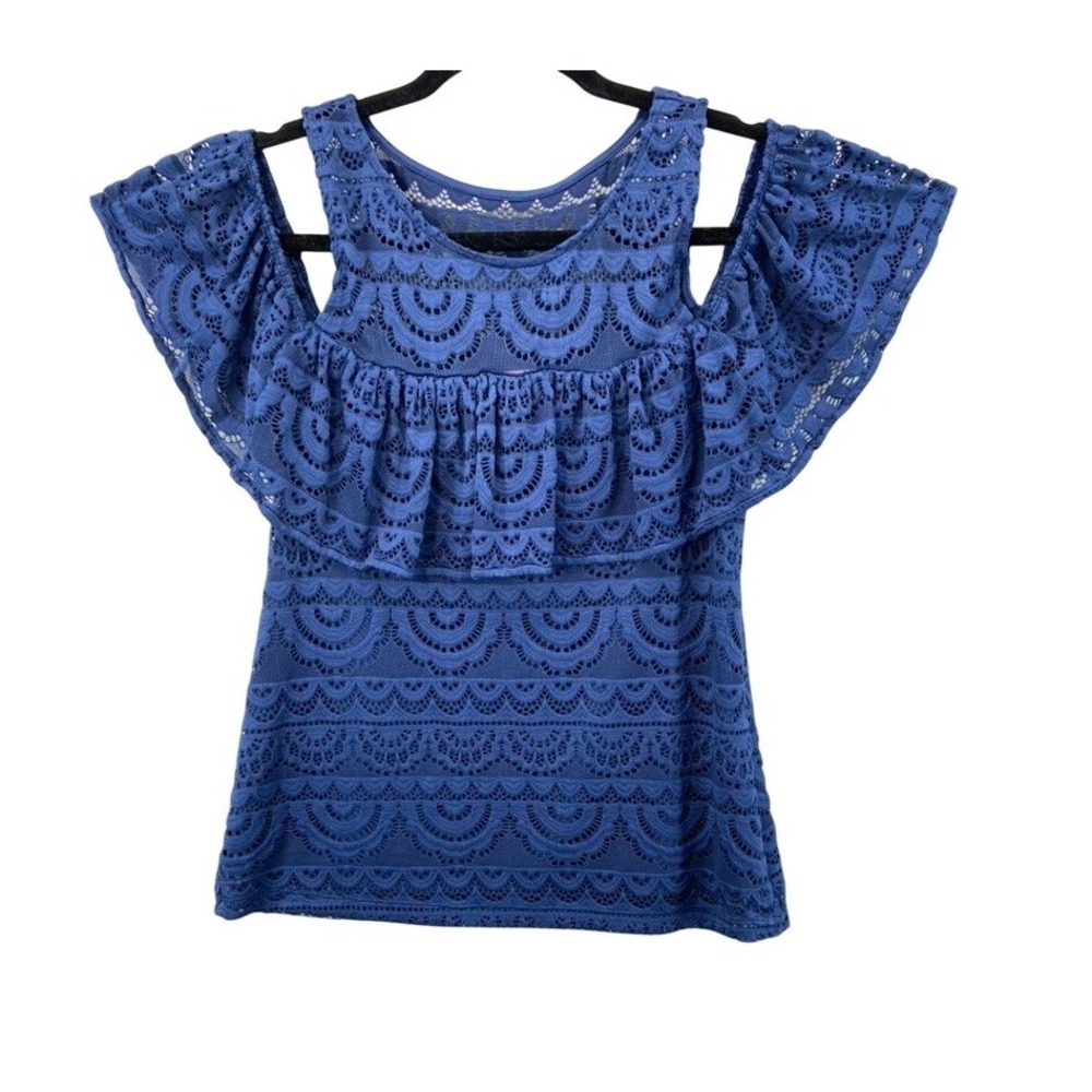 Lilly Pulitzer Shirt Womens Sz S Lace Cold Shoulder Blue Ruffle Costal Summer